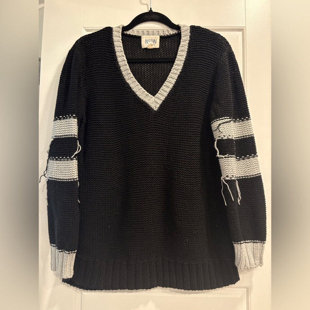 Nation LTD‎ V-Neck Chunky Varsity Black Sweater Womens Med 100% Cotton Preppy